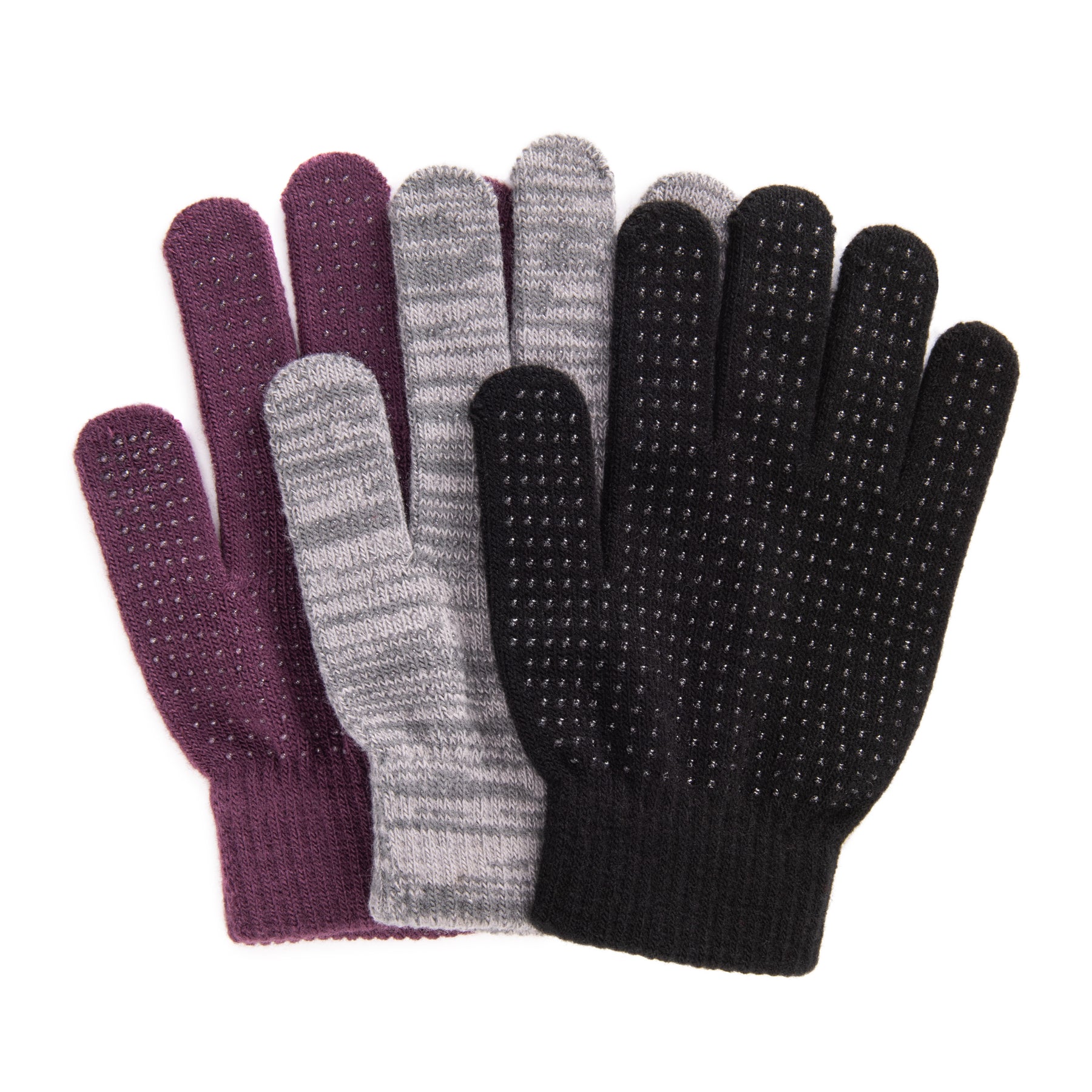 Women's 3 Pair Pack Basic Grip Dot Gloves, OSFM / Black-Grey-Plum